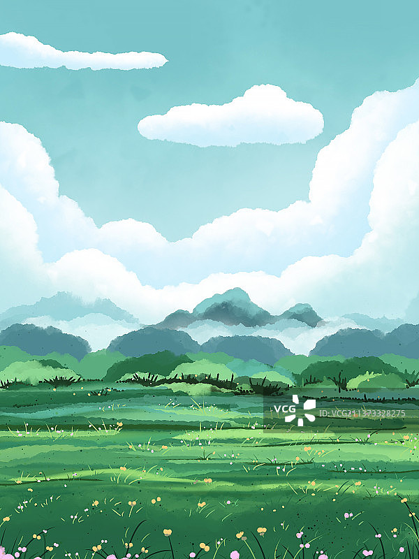 春天绿色的田野与大山图片素材