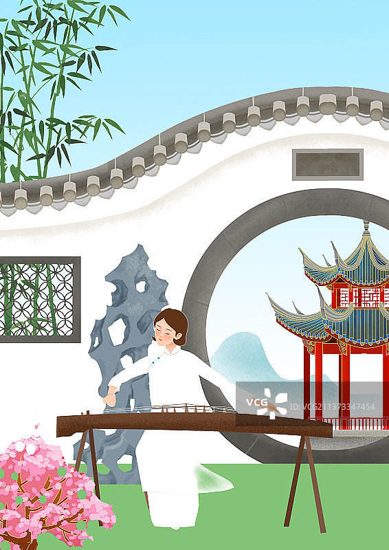 国风园林古筝美女亭子花竹图图片素材