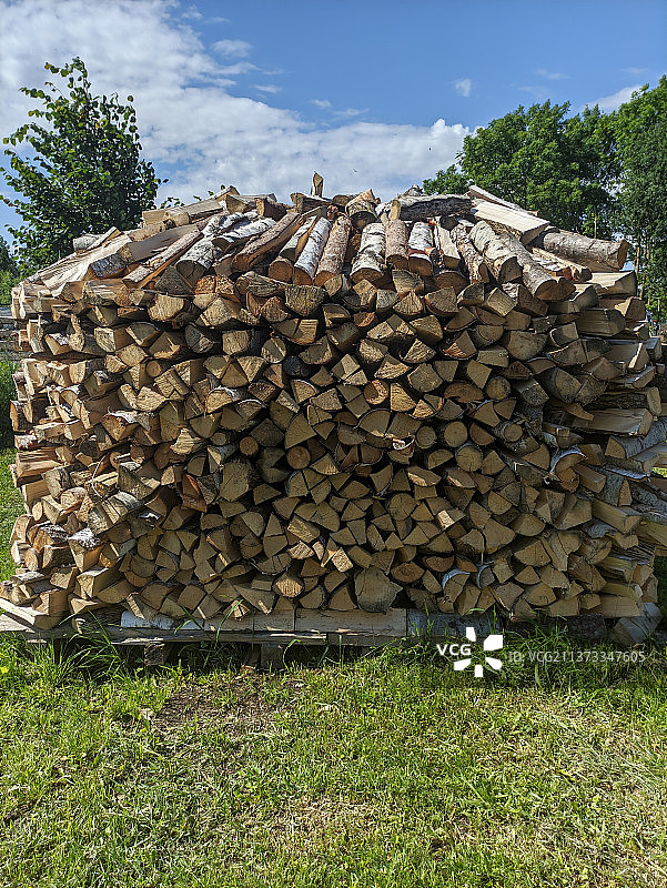 天空背景下田野里堆叠的木头特写图片素材