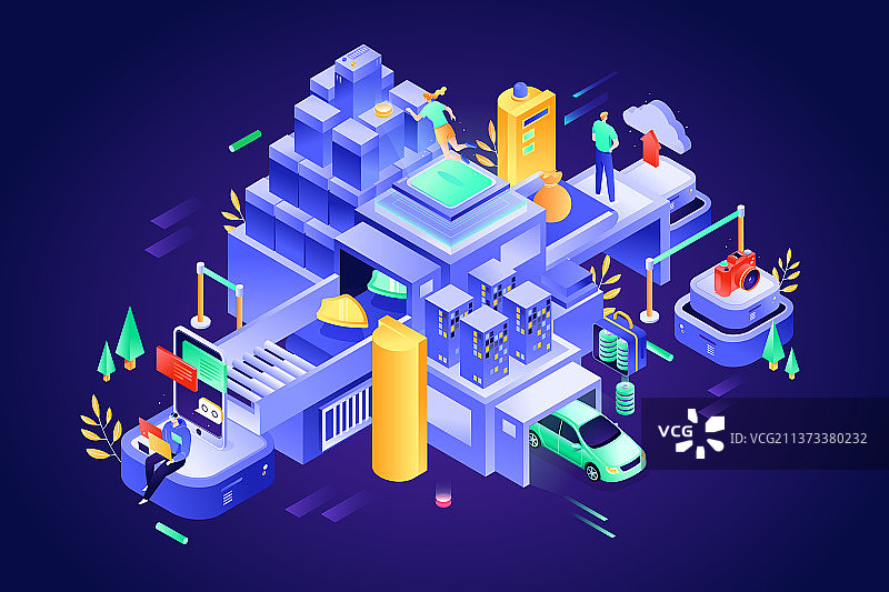 卡通2.5D等距二维微立体金融互联网商务科技概念云充电桩新能源汽车出行福利促销团队商务渐变矢量插画图片素材