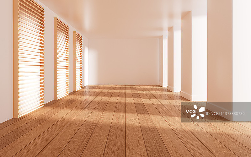 带有木制背景墙的空房间3D渲染图片素材