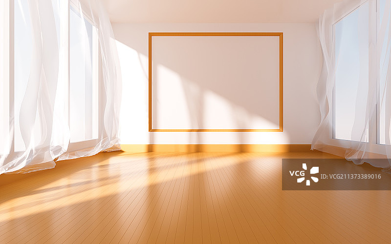 带有窗帘的空房间3D渲染图片素材
