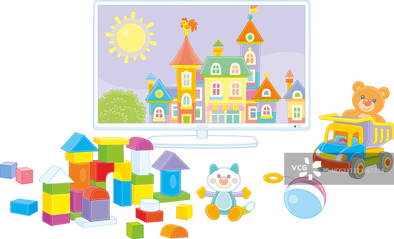 育儿室里有卡通和玩具的电视机图片素材