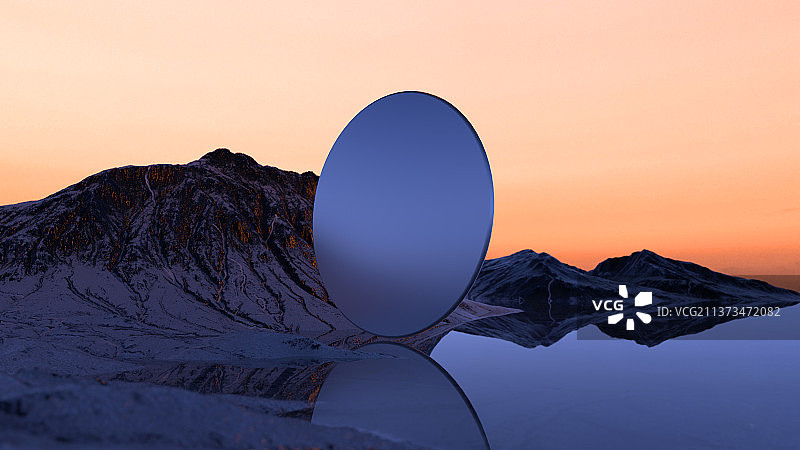 3D渲染雪山背景亚克力圆盘超现实场景图片素材