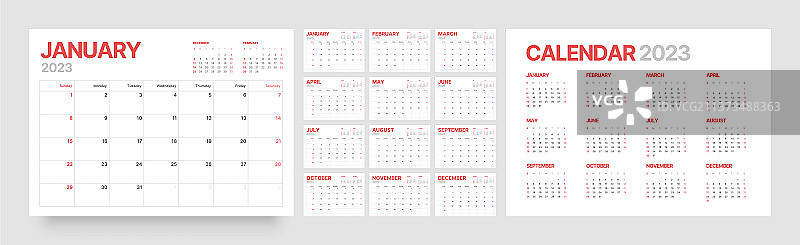 2023年每月日历（周日开始）图片素材