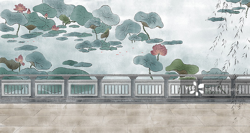 荷花塘水墨画图片素材