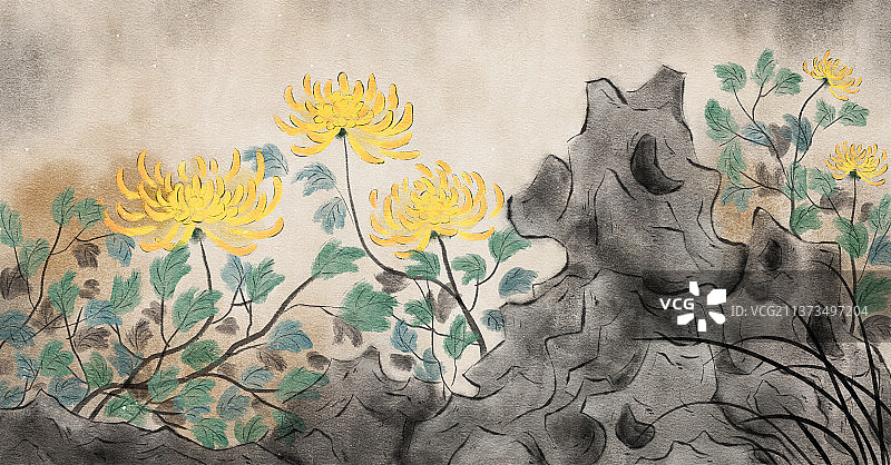 假山旁的菊花丛图片素材