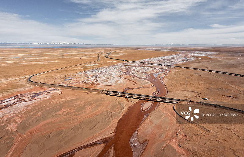 青藏铁路与青藏公路并行路段，穿越楚玛尔河图片素材