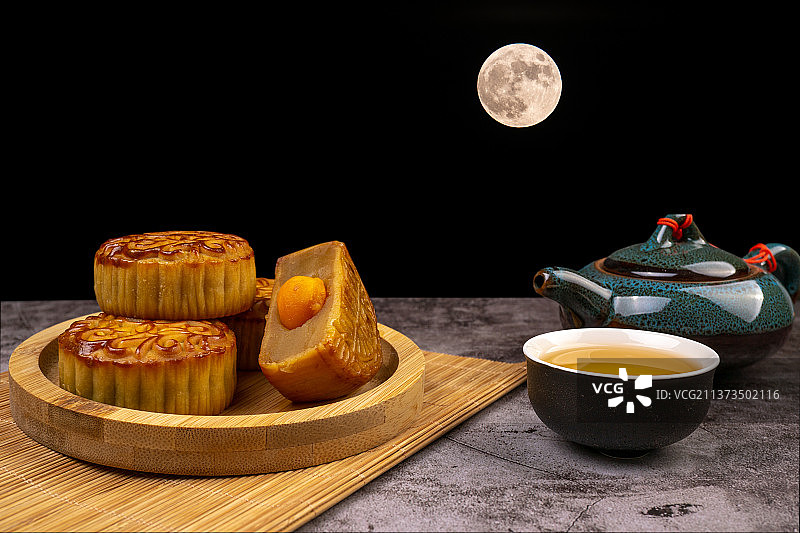 中国传统中秋节-赏月吃月饼图片素材