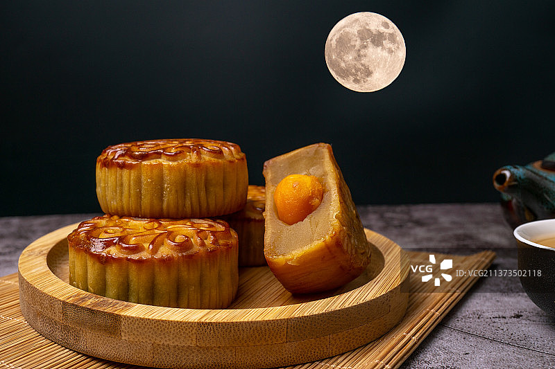 中国传统中秋节-赏月吃月饼图片素材