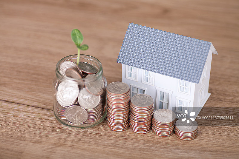 瓶装美元硬币里长出新芽和一排递减的美元硬币及小房子模型图片素材