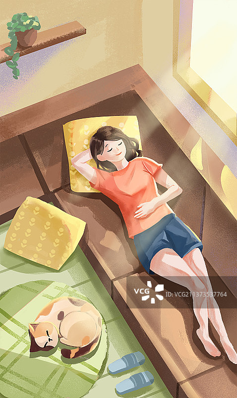 手绘居家少女和猫咪图片素材