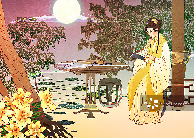 中国国潮国风新中式古代少女读书主题图片素材