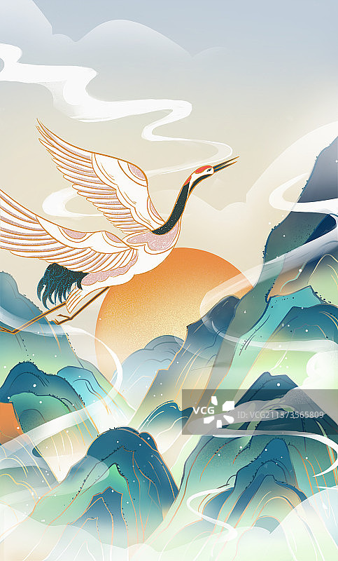 国潮节气插画高山与鹤图片素材