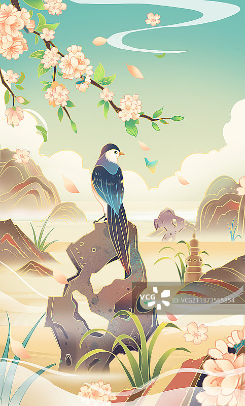 国潮节气插画花与鸟图片素材