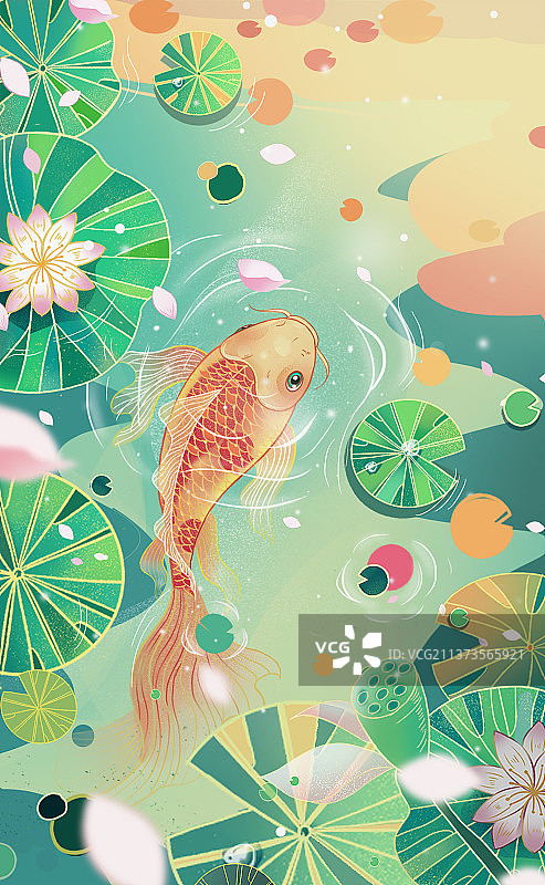 国潮节气插画荷叶荷花金鱼图片素材