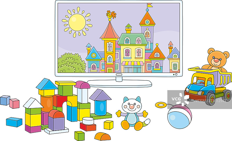 育儿室里有卡通和玩具的电视机图片素材