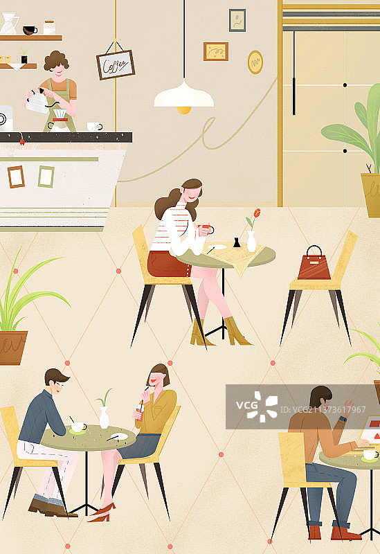 时尚室内咖啡厅高级精致多人扁平风噪点插画图片素材