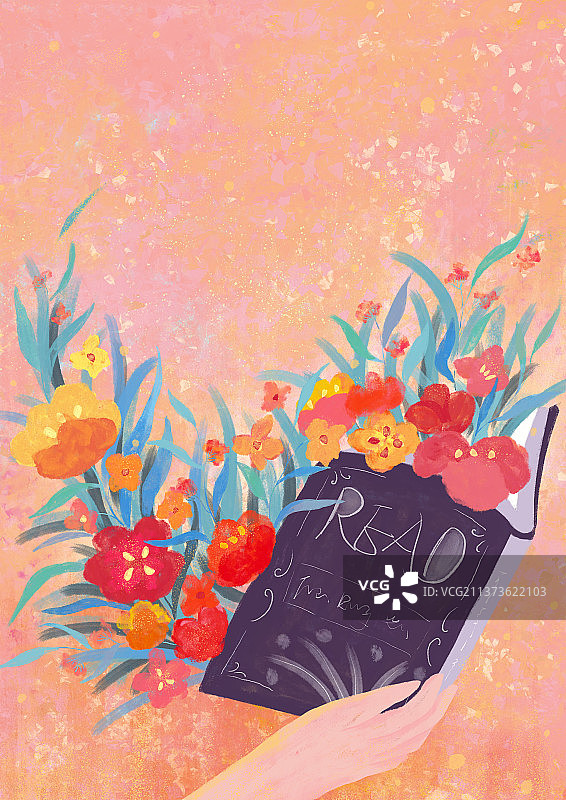 手握书籍鲜花盛开图片素材