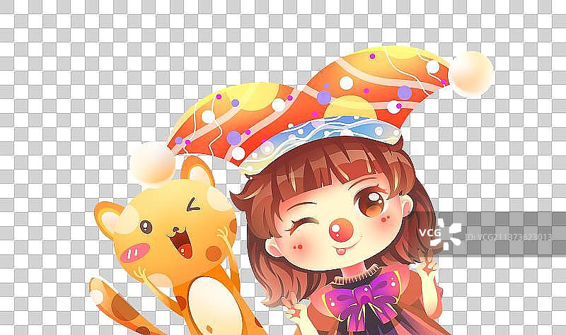 小丑女孩与猫咪比V字手势，橙色卡通欢乐愚人节搞笑免扣素材图片素材