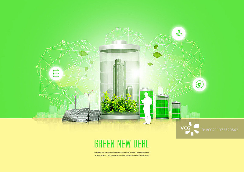 绿色背景上电池内部的建筑外观和植物图像图片素材