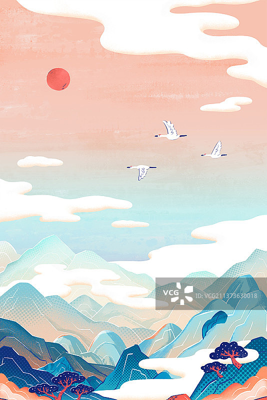 红日下三只仙鹤飞越群山插画图片素材
