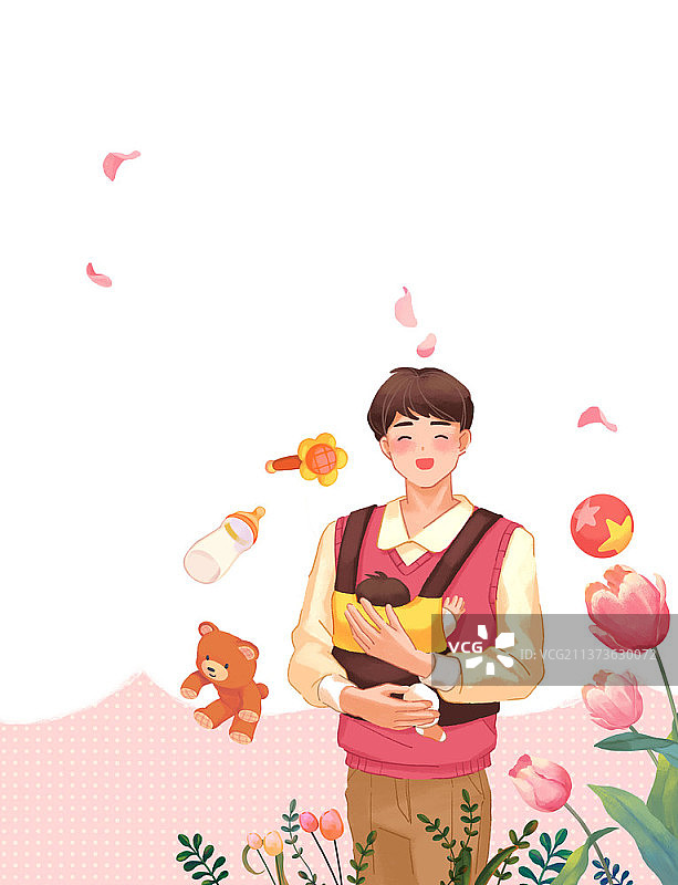 粉色背景上拥抱婴儿的微笑男人插画图片素材