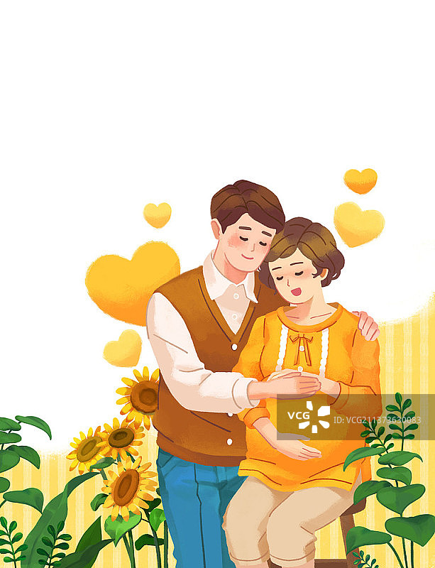 男人拥抱坐在椅子上的孕妇插画图片素材