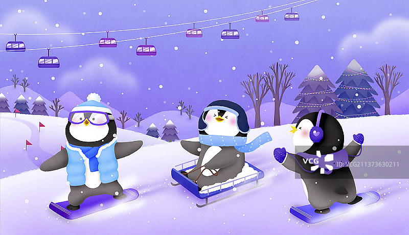 企鹅在滑雪胜地乘坐雪橇和滑雪插画图片素材