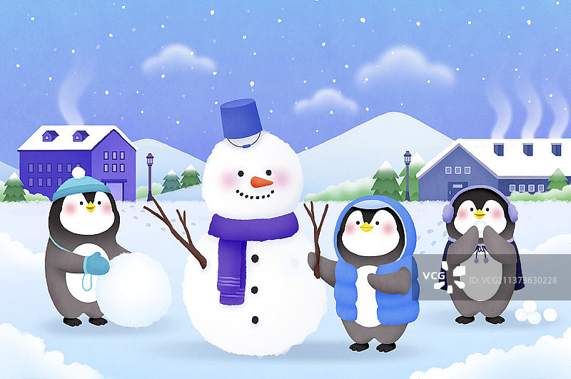 企鹅在雪地上堆雪人插画图片素材