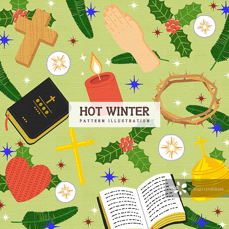 绿色背景上的圣诞节和教堂道具插图图片素材