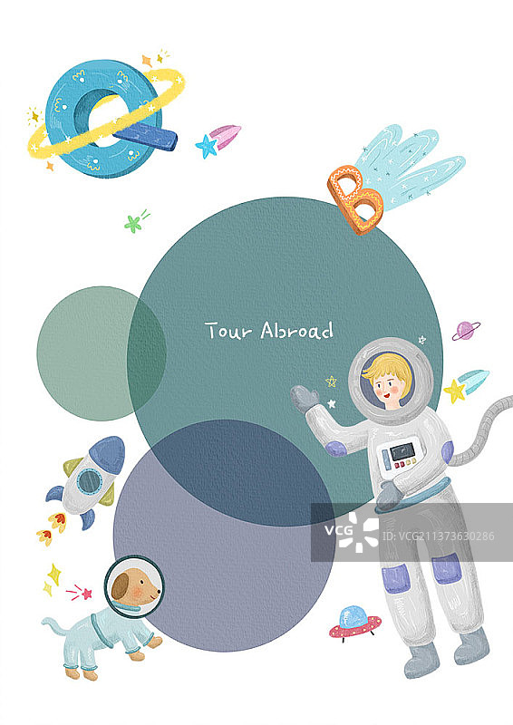 宇航员和小狗在太空中的插画图片素材