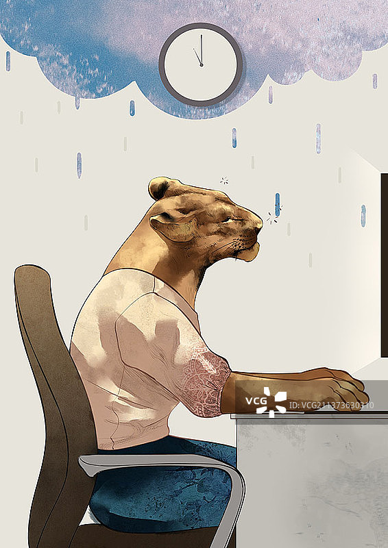 老虎商人坐在办公桌前熬夜工作的插画图片素材