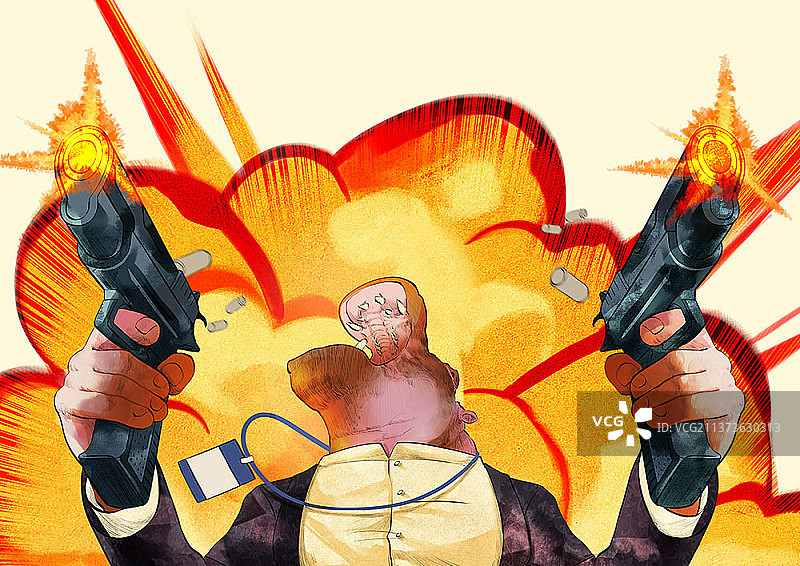 愤怒射击的河马商人插画图片素材