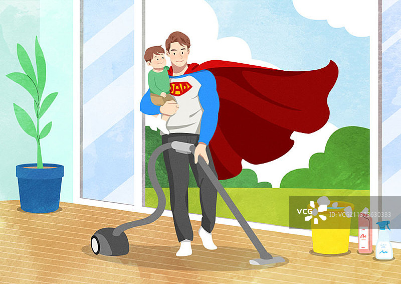 超人父亲拥抱用真空吸尘器打扫家的男孩插图图片素材