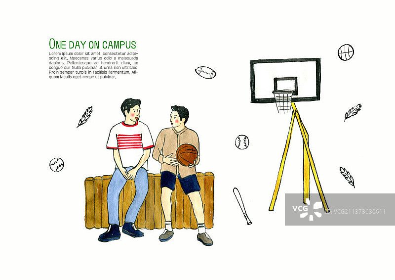 两名大学生在校园里打篮球的插画图片素材