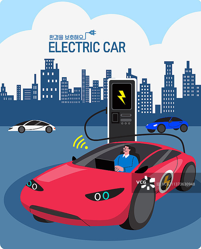 驾驶红色电动汽车充电的男人矢量图图片素材