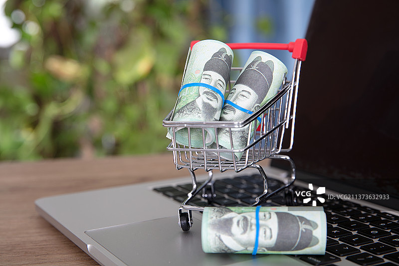 笔记本电脑键盘上装着韩元钞票的购物车模型图片素材