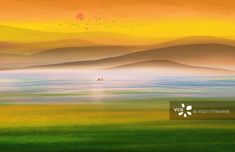 中国风水墨暖色调风景画 水面上的小船图片素材