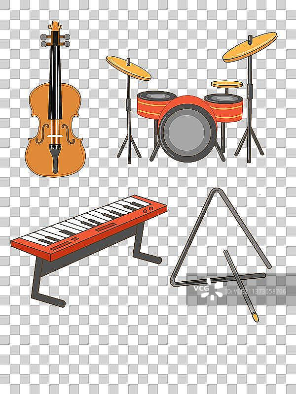 音乐乐器元素手绘，小提琴架子鼓电子琴三角铁手绘图片素材