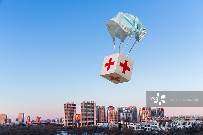 城市上空的口罩降落伞，支援，援助，防疫，抗击病毒，医疗主题图片素材