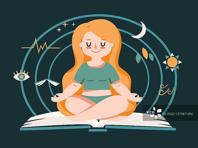 女生坐在打开的书上冥想图片素材