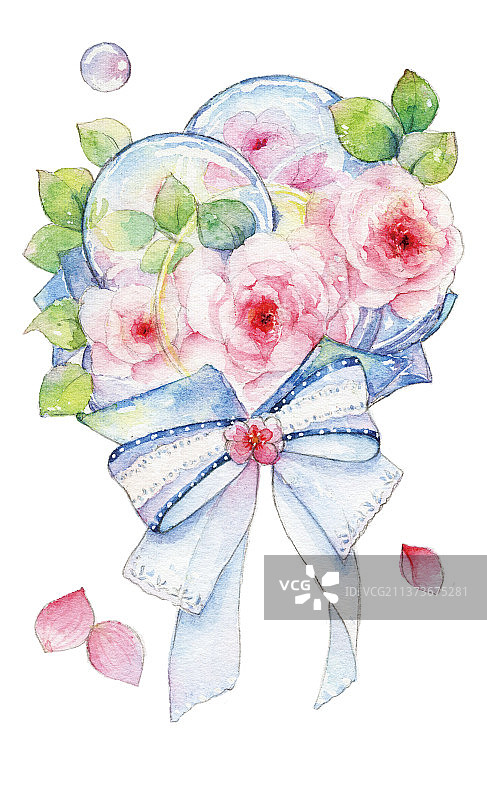 水彩手绘插画一束蝴蝶结丝带手捧鲜花图片素材