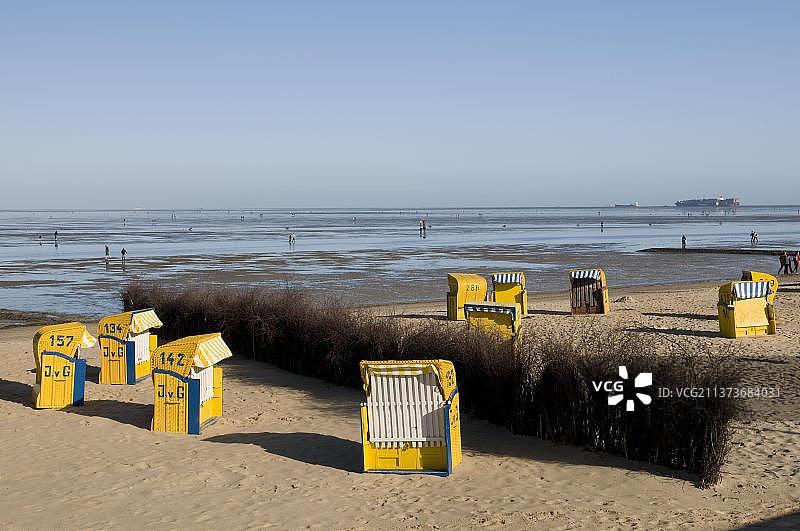 海滩，瓦登海，库克斯哈芬，下萨克森州，德国，欧洲图片素材