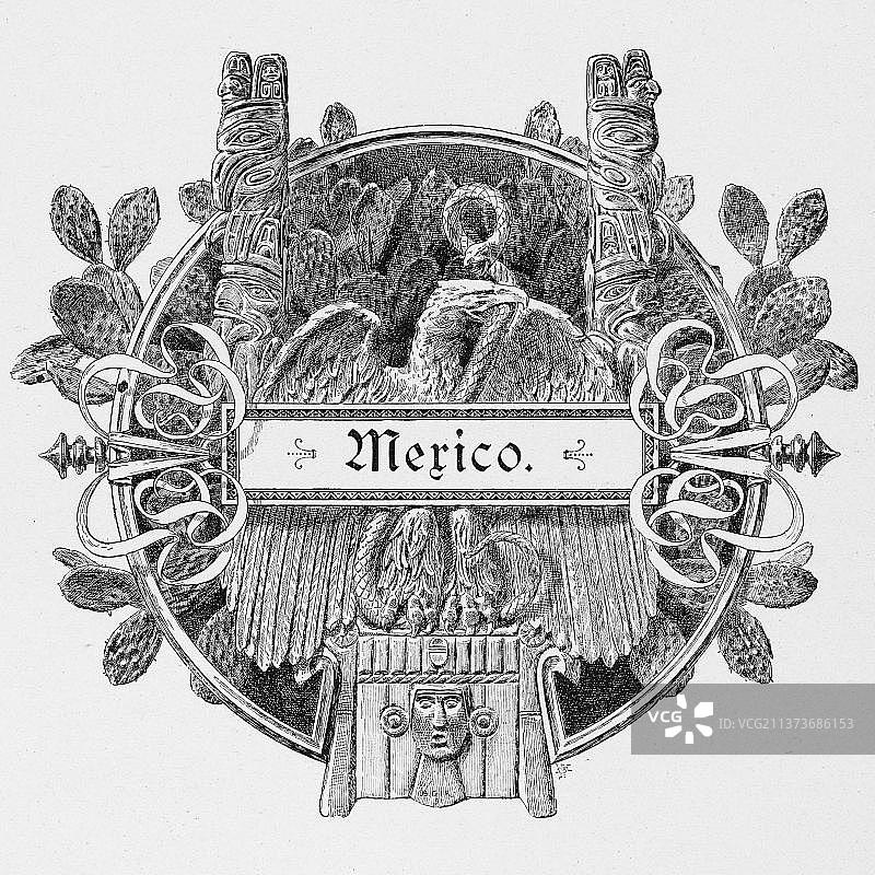 墨西哥雄鹰，玛雅，装饰品，仙人掌，1897年历史插图，墨西哥城，墨西哥，中美洲徽标图片素材