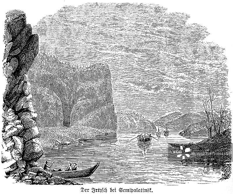 额尔齐斯河,靠近塞米巴拉金斯克,谢梅伊,景观,陡峭的河岸,岩石,山脉,船只,交通,划艇,俄罗斯边境,1885年历史插图,哈萨克斯坦,中亚,亚洲图片素材