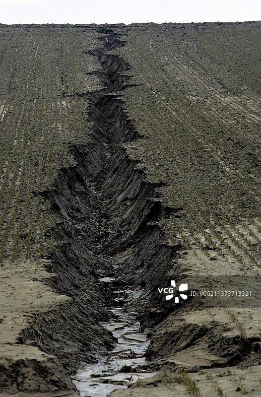 暴雨冲刷农田土壤形成的田间冲沟图片素材