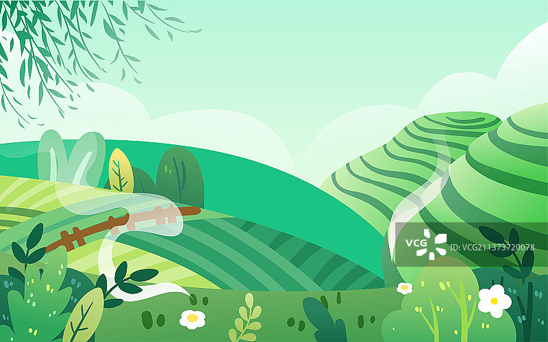 春天梯田风景插画清明节踏青春游背景海报图片素材