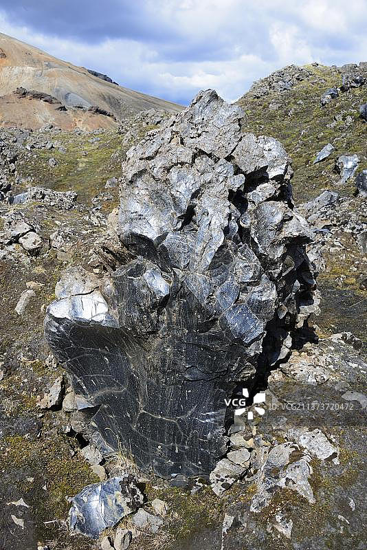 熔岩玻璃，黑曜石，Fjallabak国家公园，Landmannalaugar，冰岛，欧洲图片素材