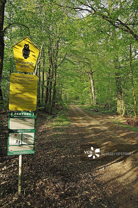 “自然公园保护区”标志和森林小路图片素材